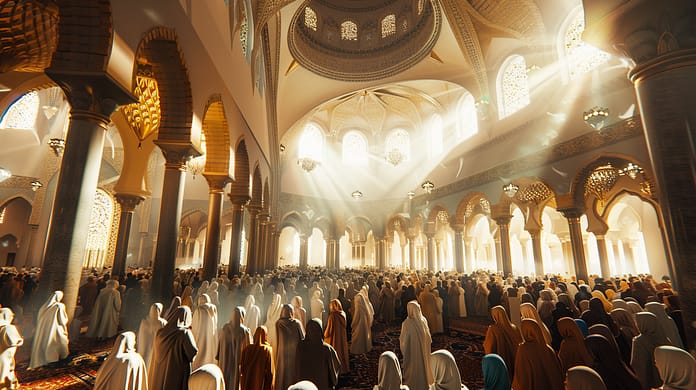 u6217379899_photorealistic_wide_angle_shot_inside_a_grand_mos_a372ac8c-6182-46ad-87bc-61c9b7e8957c_1 صورة تظهر تكبيرات عيد الأضحى في المسجد.