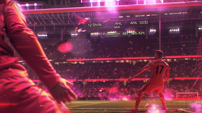 u6217379899_Ultra-realistic_night_match_scene_at_Hard_Rock_St_0219fd93-f696-4893-b66e-a3cfc86ae4f1_2 Al Ahly coach José Riveiro in post-match press conference, tactical board behind him showing "5 shots on target" circled in red. Messi visible in background walking off pitch dejected. Style: ESPN interview realism --ar 16:9