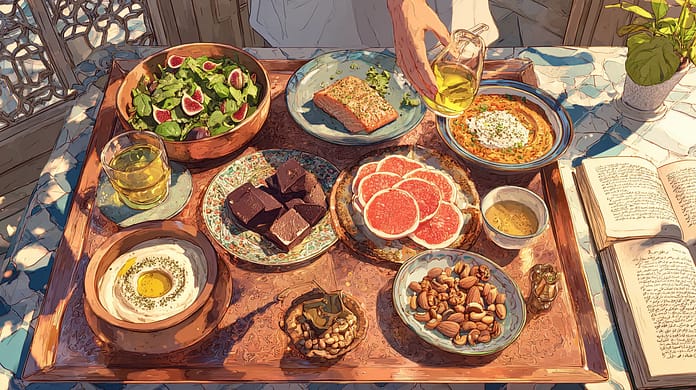u6217379899_A_vibrant_Middle_Eastern_breakfast_spread_on_a_tr_eaf14b3d-0861-41ef-a4ee-89eab1711afc_1 10 أطعمة عربية تدعم فقدان الوزن