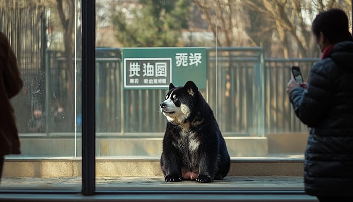 “فضيحة خداع حديقة حيوان شانوي: كلاب تشاو تشاو بدلًا من الباندا تثير غضب الزوار” كلب تشاو تشاو مصبوغ ليتشبه بالباندا داخل قفص في حديقة حيوان، كاشفًا عن عملية خداع تعرض لها زوار الحديقة.
