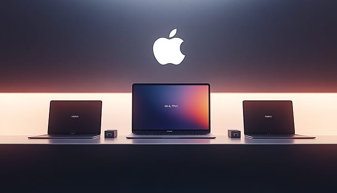 Apple to Unveil the New M4 MacBook Pro at the October 2024 Event Three MacBook Pro laptops displayed with the Apple logo in the background, showcasing the anticipated launch of the M4 MacBook Pro during Apple’s October 2024 event.