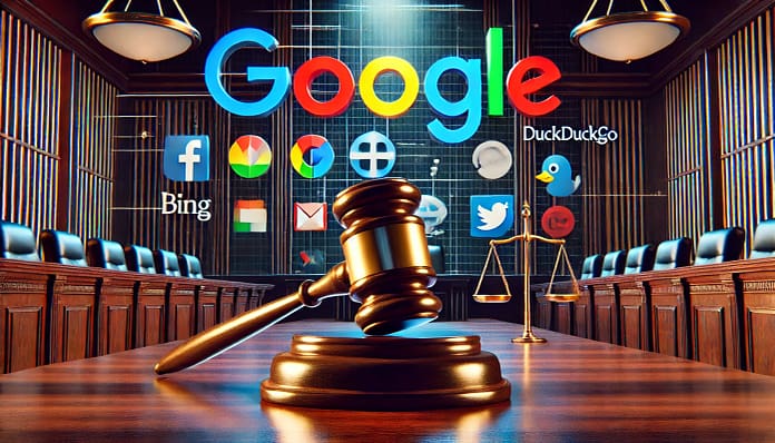 Google Faces Antitrust Case: DOJ Pushes for Search Engine Competition Courtroom setting with tech logos representing the DOJ’s antitrust case against Google to promote fair competition in the search engine market.