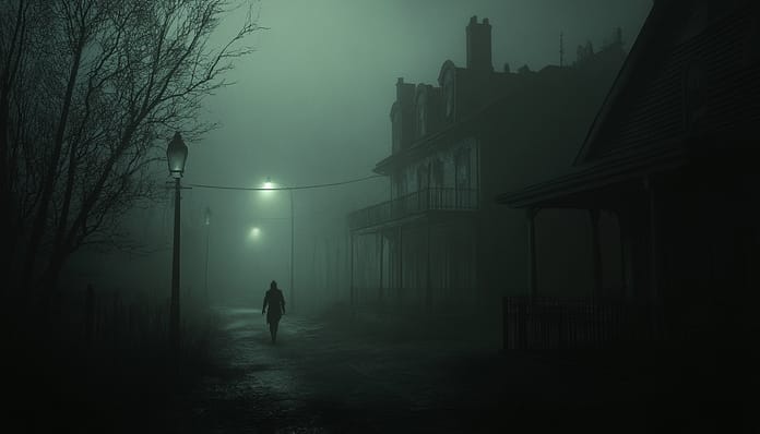 “Silent Hill 2 Remake (2024): Haunting Atmosphere and Psychological Horror” “Dark, eerie street scene with a lone figure walking through fog, capturing the haunting atmosphere of the Silent Hill 2 Remake, released in 2024.”
