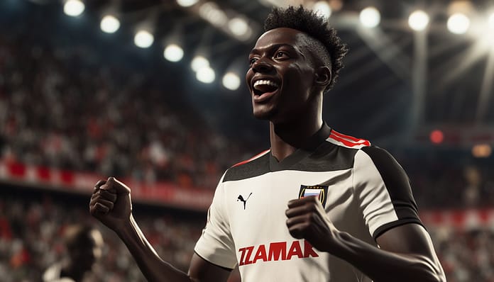 “أوفي إجاريا ينضم إلى الزمالك - بداية جديدة لنجم ليفربول السابق في الدوري المصري” “أوفي إجاريا، نجم ليفربول السابق، يحتفل بانتقاله إلى نادي الزمالك في موسم 2024 في ملعب كرة القدم مع جماهير مشجعة.”