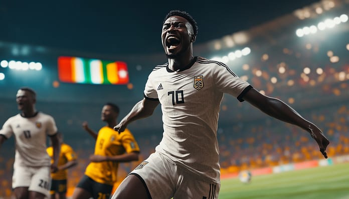 فوز السودان على غانا 2-0 في تصفيات كأس الأمم الأفريقية 2025 اللاعب السوداني يحتفل بتسجيل هدف في مباراة ضد غانا ضمن تصفيات كأس الأمم الأفريقية 2025.