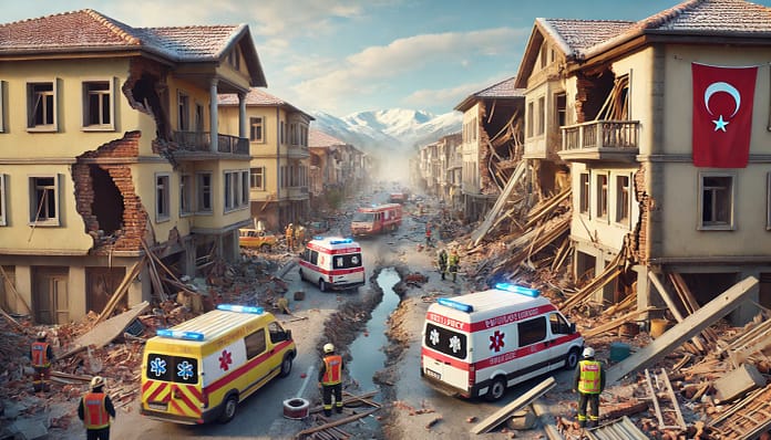 زلزال في شرق تركيا في 16 أكتوبر 2024: الاستجابة للطوارئ وآثاره سيارات الطوارئ وعمال الإنقاذ يستجيبون لآثار زلزال بقوة 6.1 درجة ضرب شرق تركيا في 16 أكتوبر 2024، مع وجود مبانٍ منهارة جزئيًا في الخلفية.