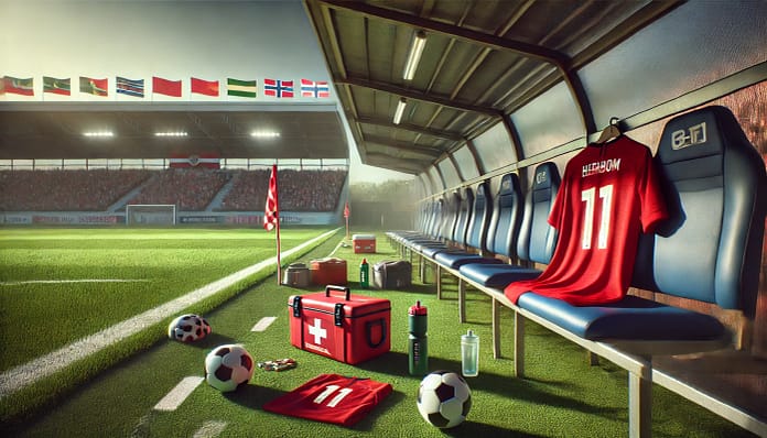 غياب محمد صلاح عن مباراة مصر ضد موريتانيا بسبب إصابة طفيفة مقاعد البدلاء في ملعب كرة القدم استعدادًا لمباراة مصر ضد موريتانيا، مع غياب محمد صلاح عن المباراة بسبب الإصابة.