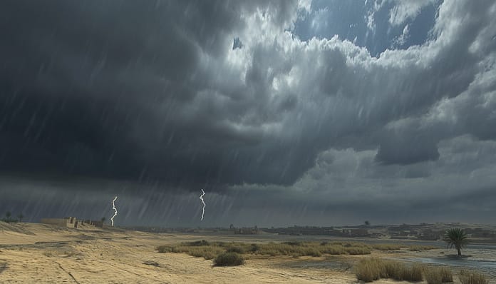 عواصف رعدية وأمطار في صحراء مصر تحت سماء ملبدة سماء ملبدة بالغيوم الرعدية فوق صحراء مصرية مع سقوط أمطار وعواصف