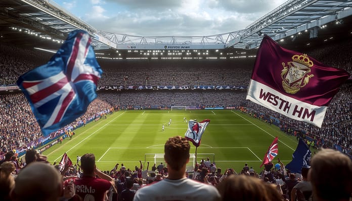 مباراة مثيرة بين توتنهام ووست هام يونايتد في الدوري الإنجليزي 2024 مشجعون في ملعب لكرة القدم يحملون أعلام توتنهام ووست هام خلال مباراة في الدوري الإنجليزي الممتاز، في أجواء مليئة بالحماس والتشويق.