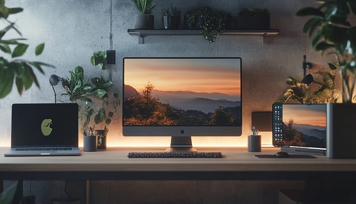 New M4 Mac mini in a Stylish Workspace Setup A modern workspace setup featuring the M4 Mac mini, multiple screens, and plants for an aesthetic look.