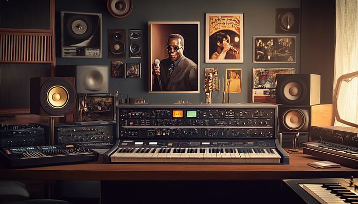 Celebrating Quincy Jones’s Legacy in a Music Studio Tribute A tribute studio setup honoring Quincy Jones with synthesizers, speakers, and his portraits.