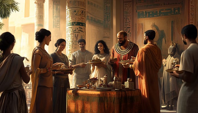 احتفال مصري تقليدي بعيد الحب يجمع الأصدقاء والعائلة مجموعة من الأشخاص يحتفلون بعيد الحب المصري في أجواء تقليدية مصرية داخل معبد قديم