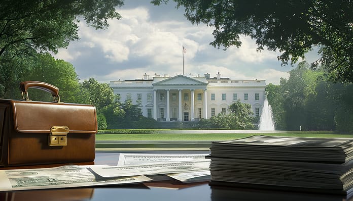 راتب رئيس الولايات المتحدة ومزاياه أمام البيت الأبيض حقيبة أوراق ومستندات تتعلق براتب ومزايا رئيس الولايات المتحدة أمام البيت الأبيض.