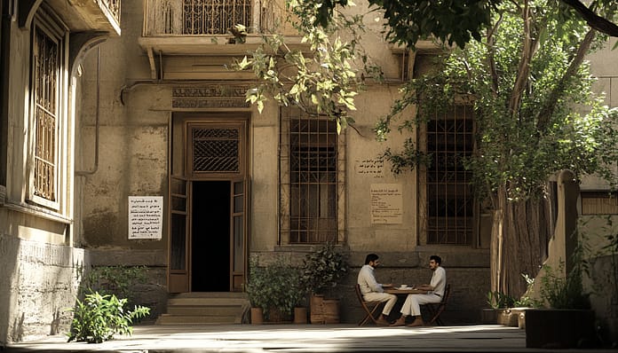 مناقشة حول قانون الإيجار القديم في مصر في مقهى تقليدي رجلان يتناقشان حول تعقيدات قانون الإيجار القديم في مصر في مقهى خارجي أمام مبنى تاريخي