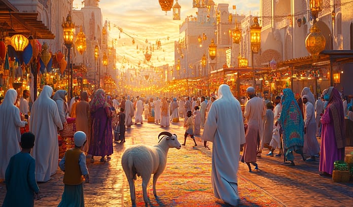 u6217379899_A_vibrant_photorealistic_cinematic_scene_of_Eid_a_fae42a3a-9319-4ba2-b446-459b8850e9f4_0 موعد صلاة العيد | دليلك الكامل للاحتفال بعيد الفطر