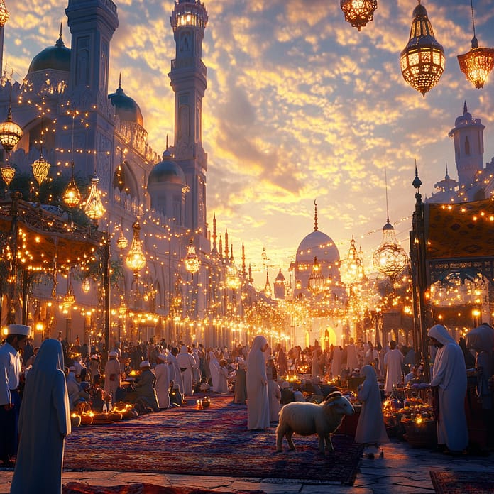 u6217379899_A_vibrant_photorealistic_cinematic_scene_of_Eid_a_d49131f2-59ff-48d4-bffe-fa8d70120e75_2 جمع عائلي خلال عيد الأضحى المبارك.